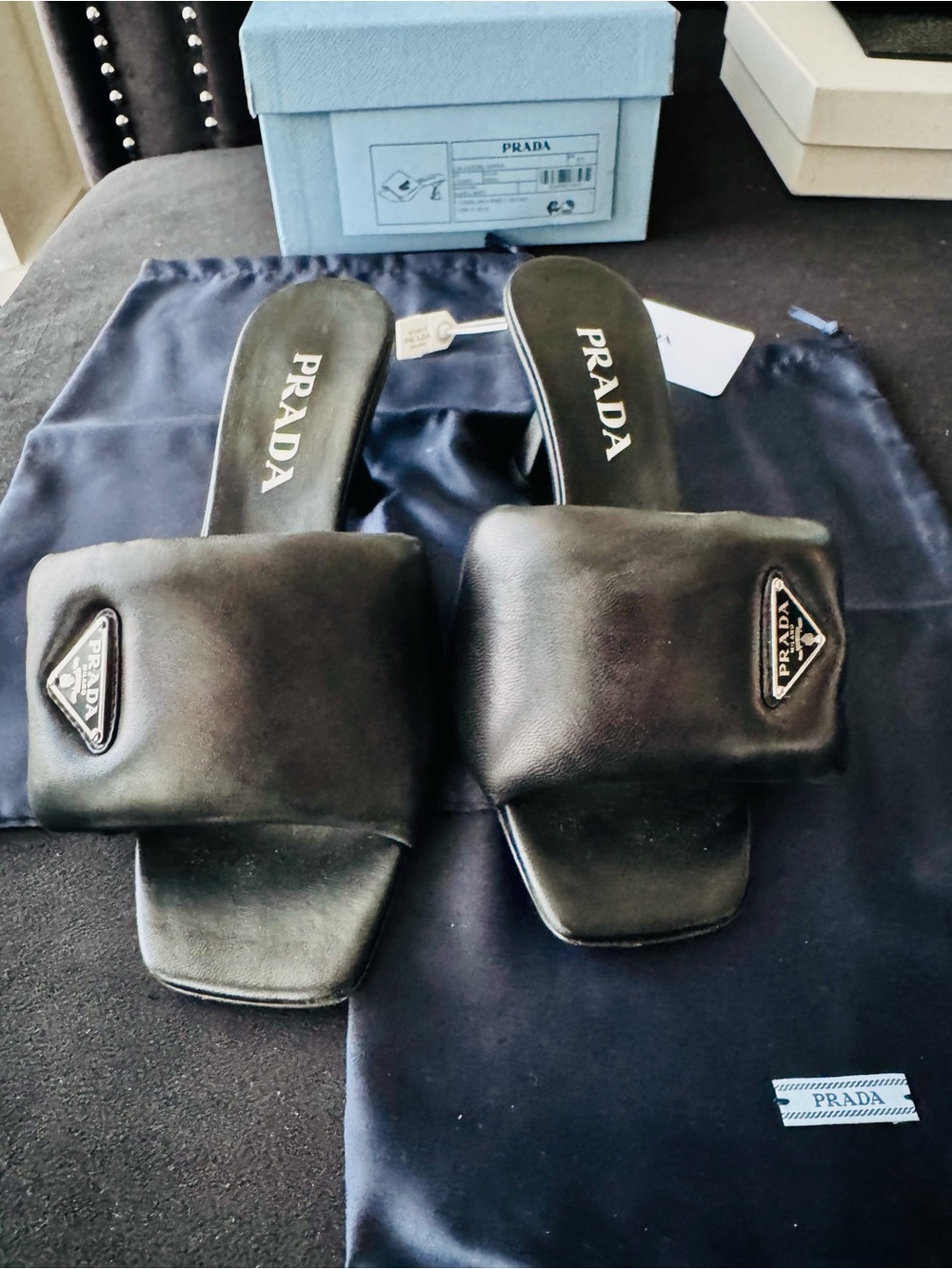 Prada Women Black Leather Padded Slide Sandals